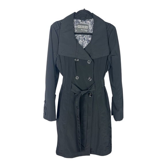 Guess Trench Coat Black Double Breasted Belted Polyester EUC S claz L - Picture 1 of 15